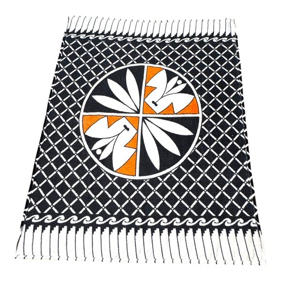 Woven Throw Blanket Geometric Floral Motif Black White Southwest 60.5" X 46.5" - Picture 3 of 4